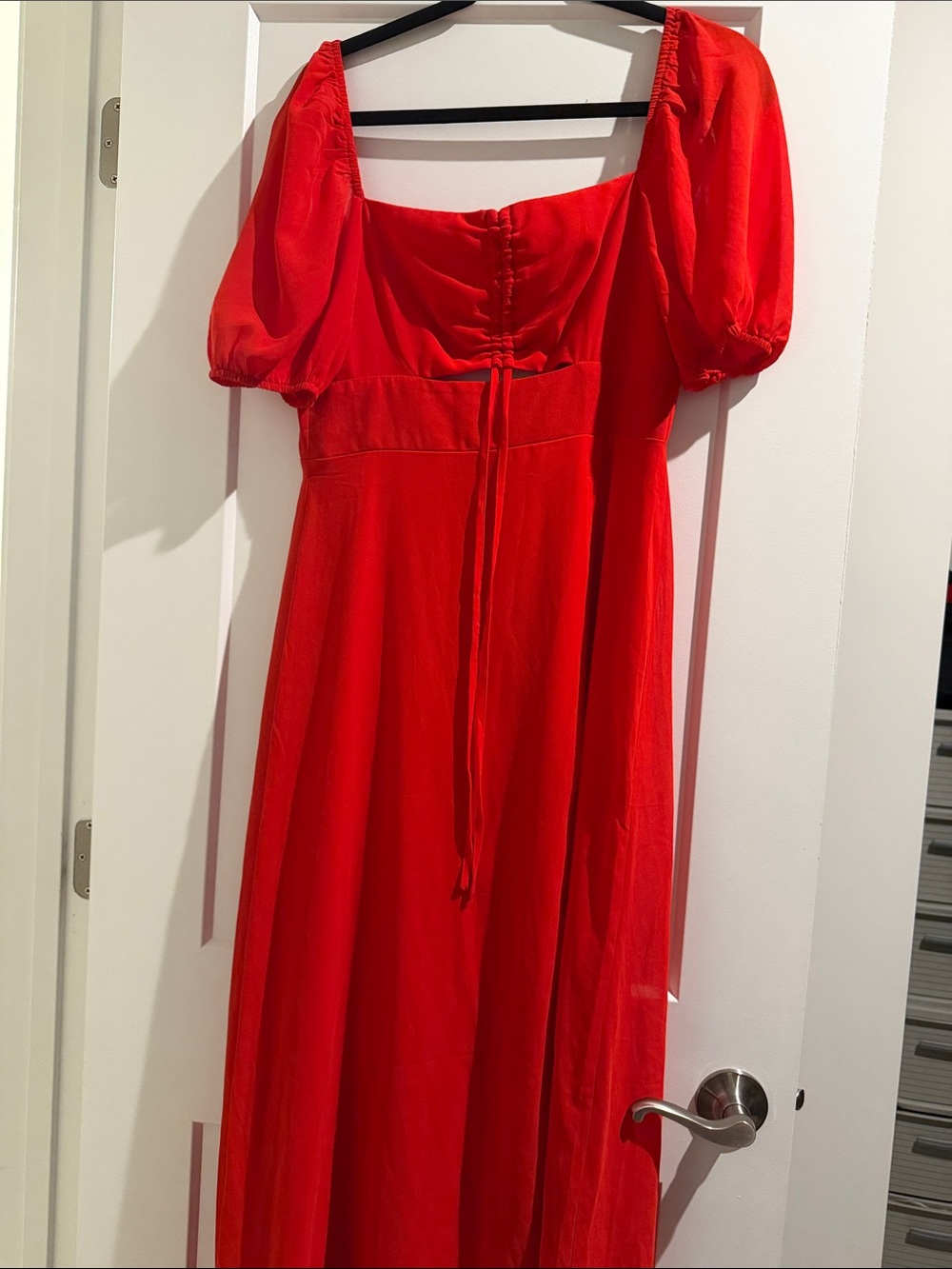 Lulu's Red Puff-Sleeve Maxi Dress with Tie Bodice